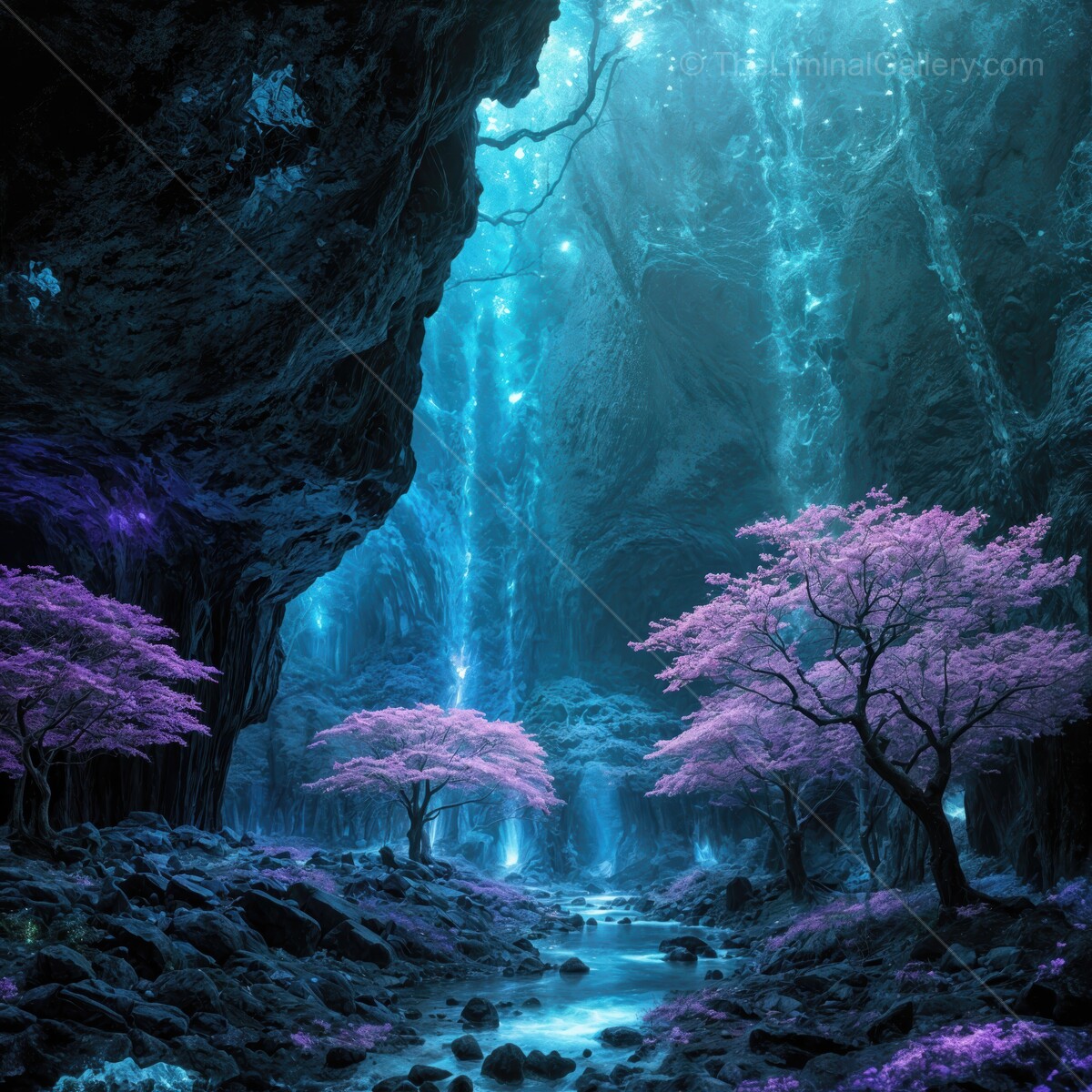 Enchanted liminal fantasy forest illuminated by ethereal lights and vibrant blossoms amidst serene waters at twilight
