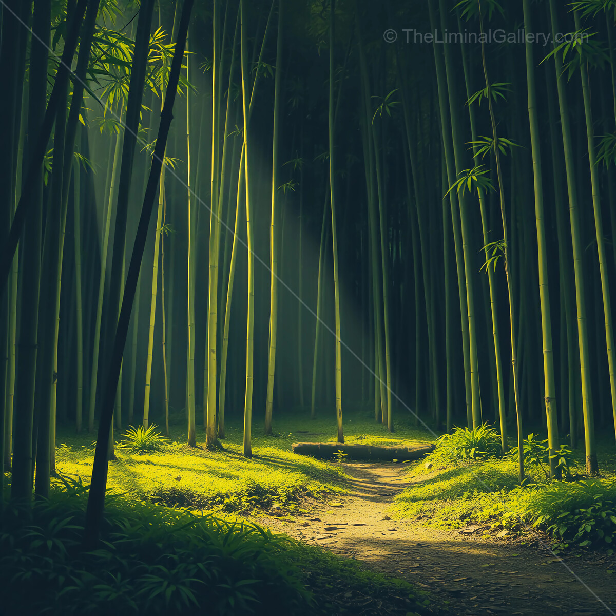 Enchanting liminal bamboo forest inviting exploration under dappled sunlight