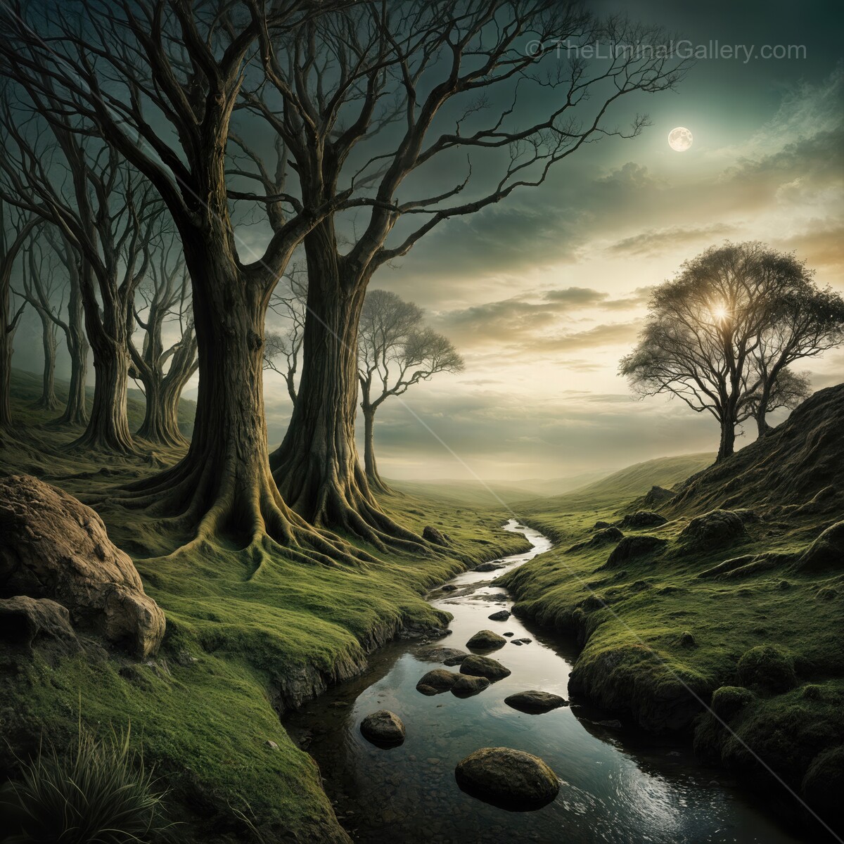 Mystical twilight in an enchanting forest with a winding stream and moonlit trees