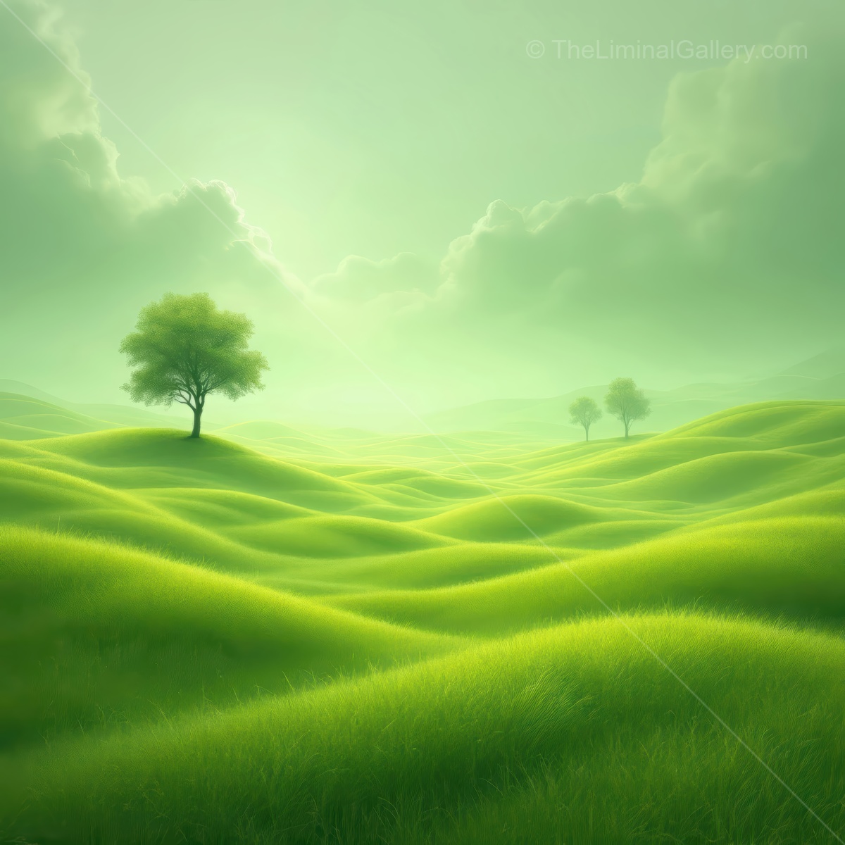 Whispers of serenity in an endless green landscape filled with gentle hills and soft clouds