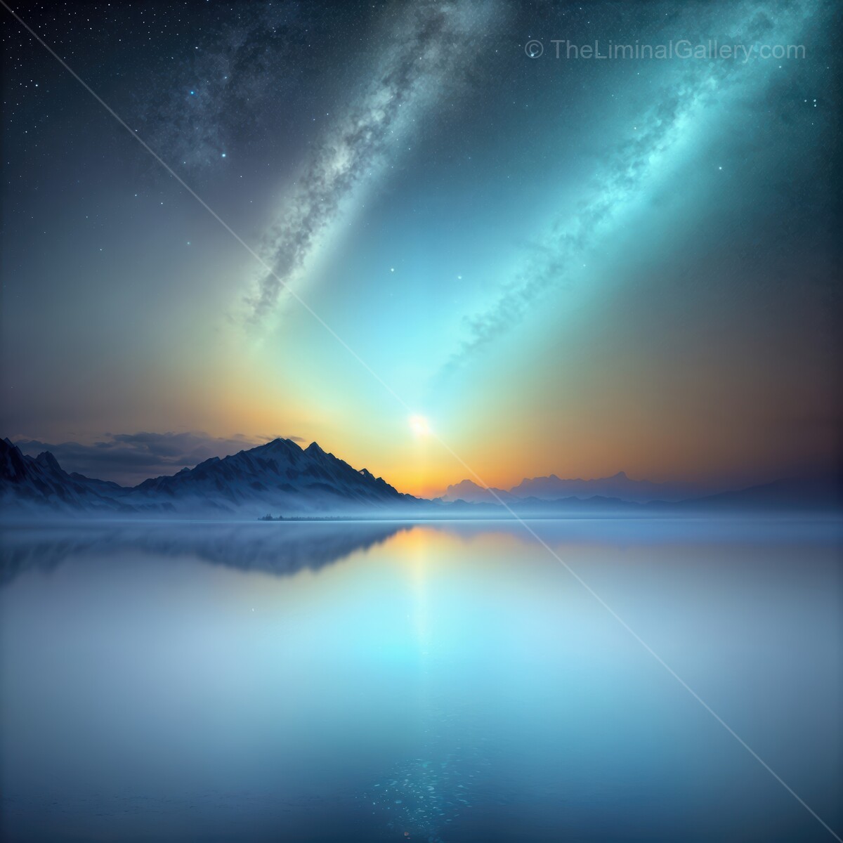 Ethereal dawn light dances across the tranquil lake, surrounded by misty mountains