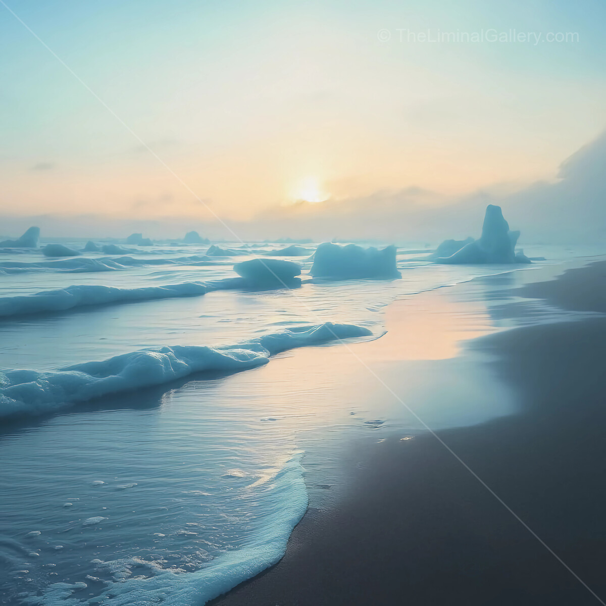 Ethereal liminal sunrise over glistening icebergs on a tranquil beach at dawn