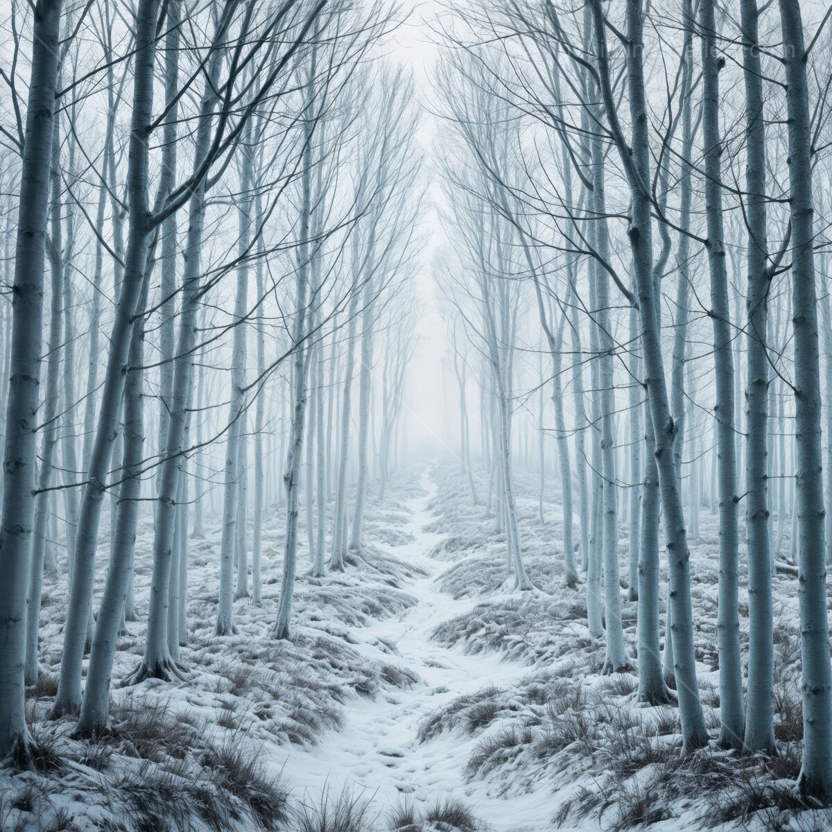 Liminal winter pathway through a snowy forest enveloped in mist and tranquility