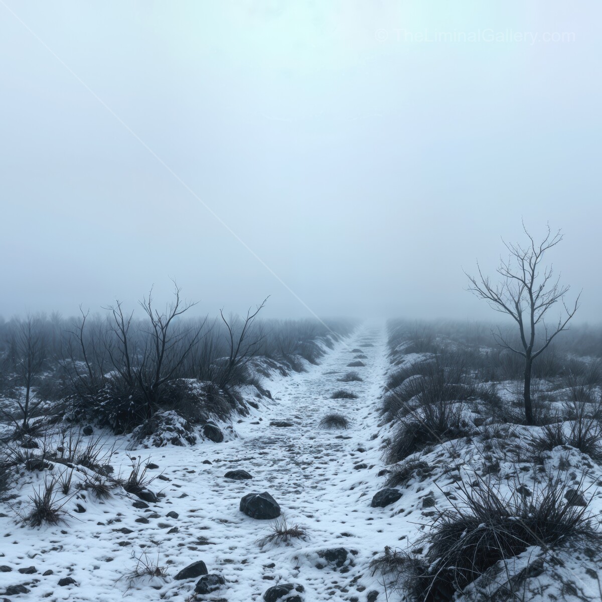 Expansive misty landscape with a lonely path winding through a snow-covered terrain at dusk