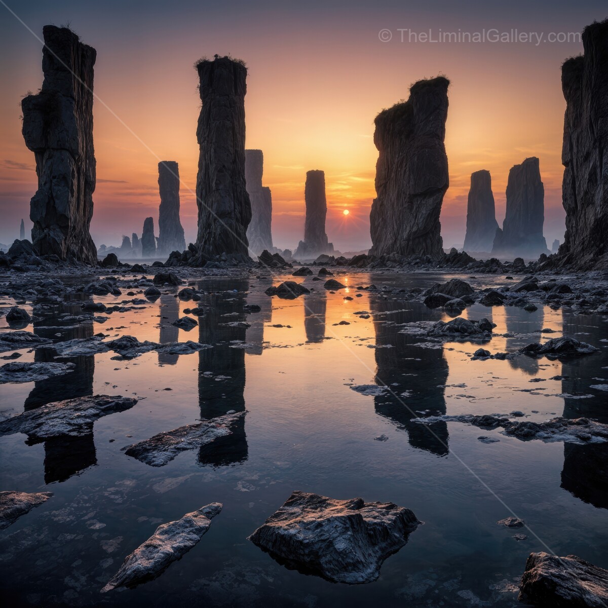 Spectacular sunrise cast over towering rock formations and shimmering water reflections at dawn