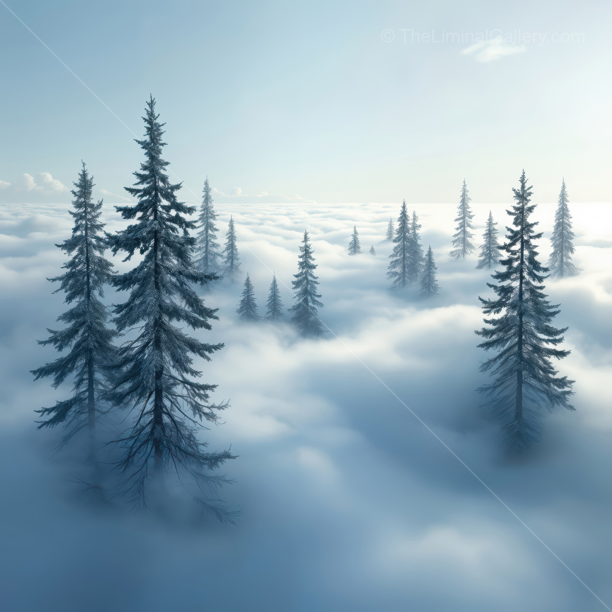 Dreamlike forest emerges through a thick blanket of fog in an ethereal dawn light