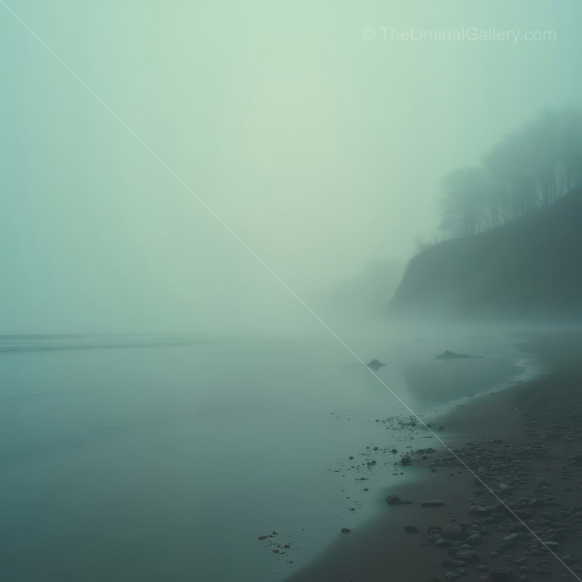 Embracing the ethereal stillness of fog-covered shores at dawn in a liminal landscape