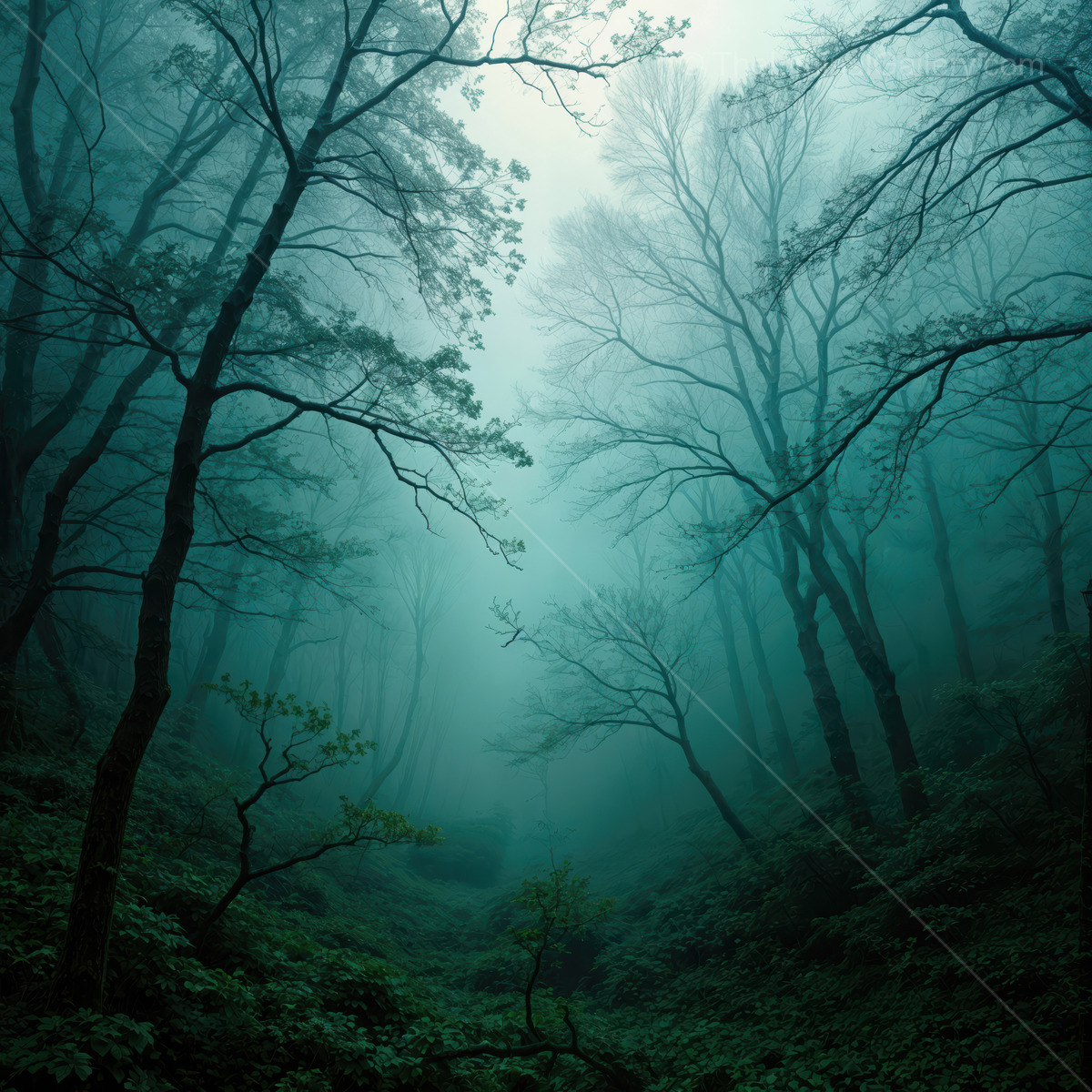 Mysterious woods shrouded in fog evoke a surreal liminal space at dawn
