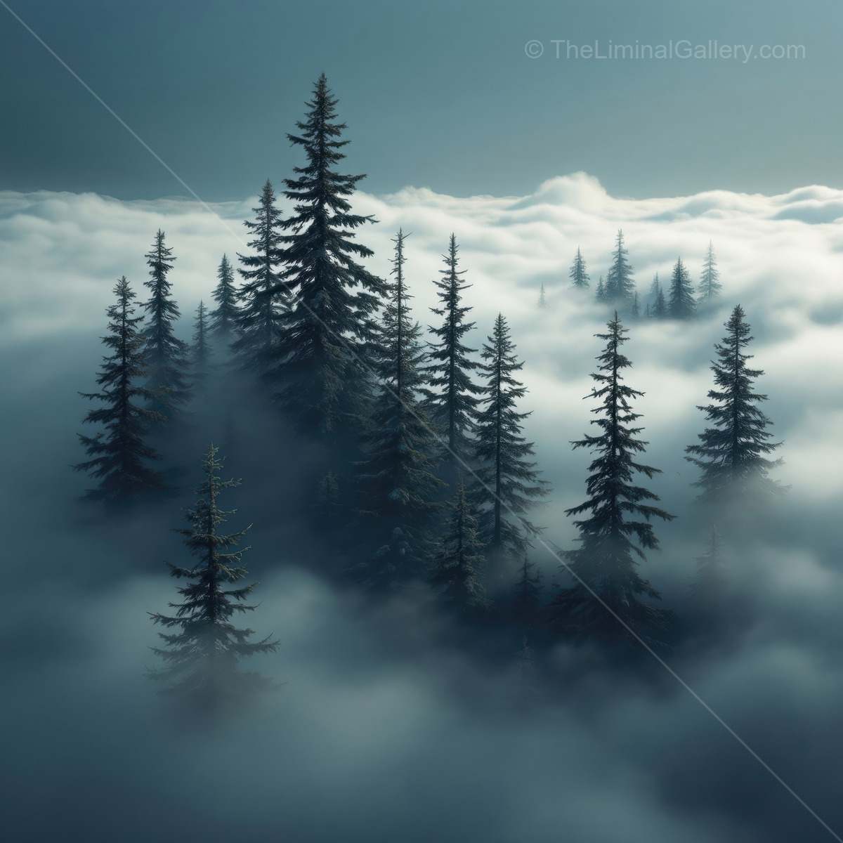 Mysterious forest emerges through fog on a tranquil morning among the clouds
