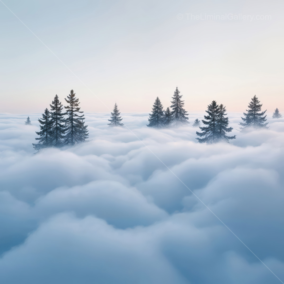Mysterious forest peaks emerging from a sea of fog in the tranquil dawn light