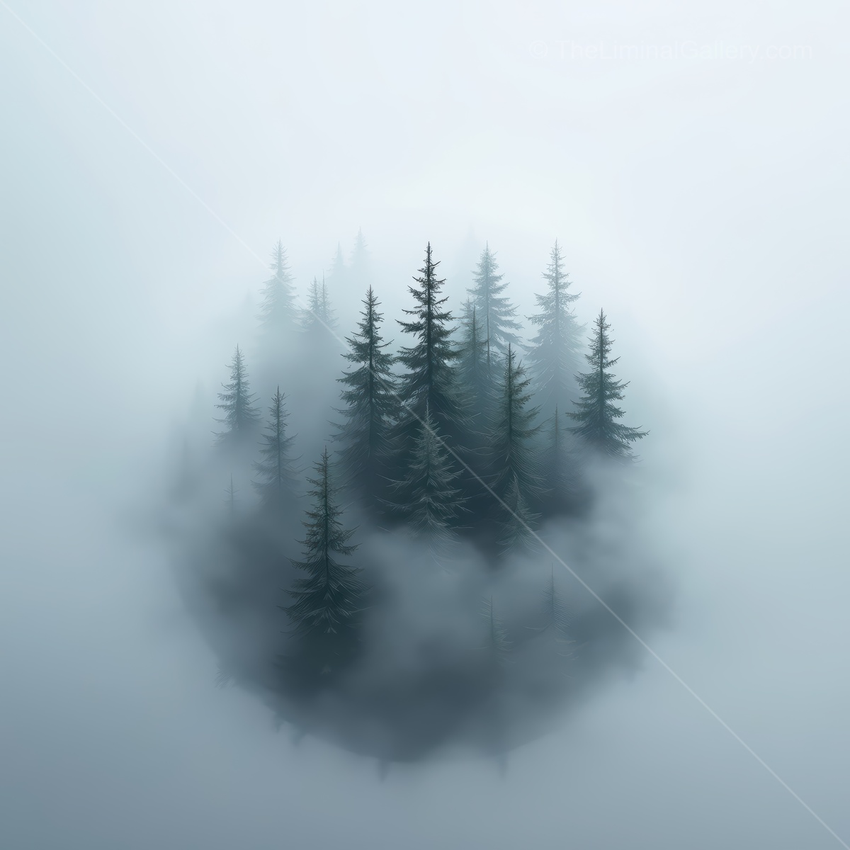 Mysterious forest island emerges from thick fog in enchanting liminal space