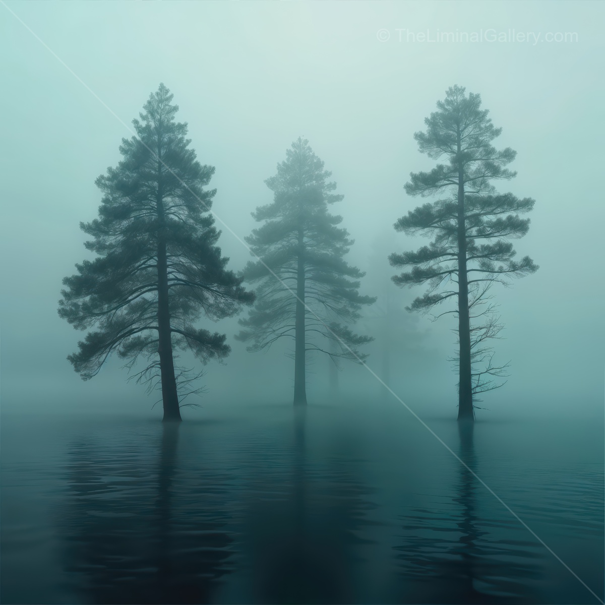 Misty forest envelops towering trees amid calm waters creating a surreal liminal atmosphere