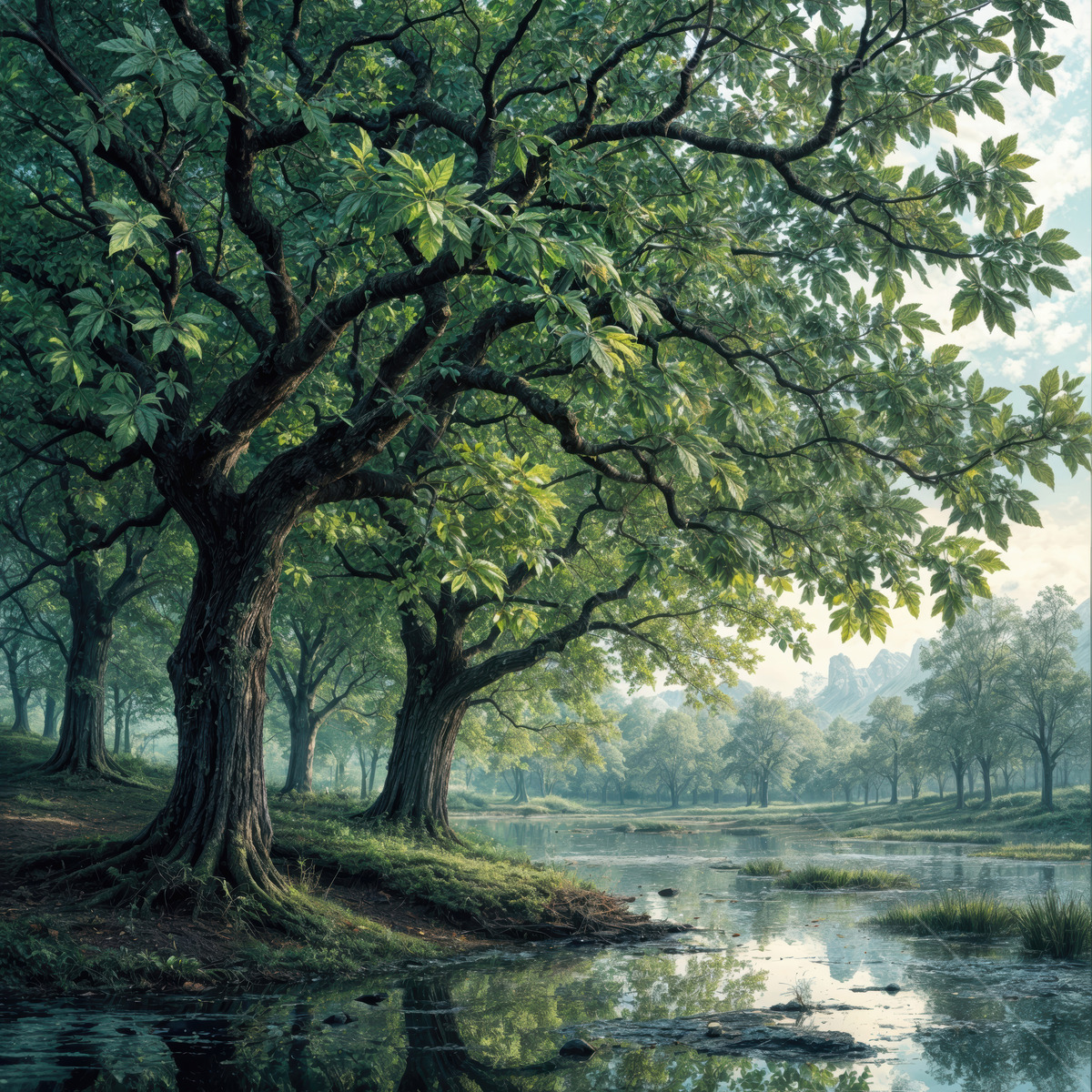 Liminal forest reflections at dawn reveal nature's tranquil beauty and whispering secrets of the wild