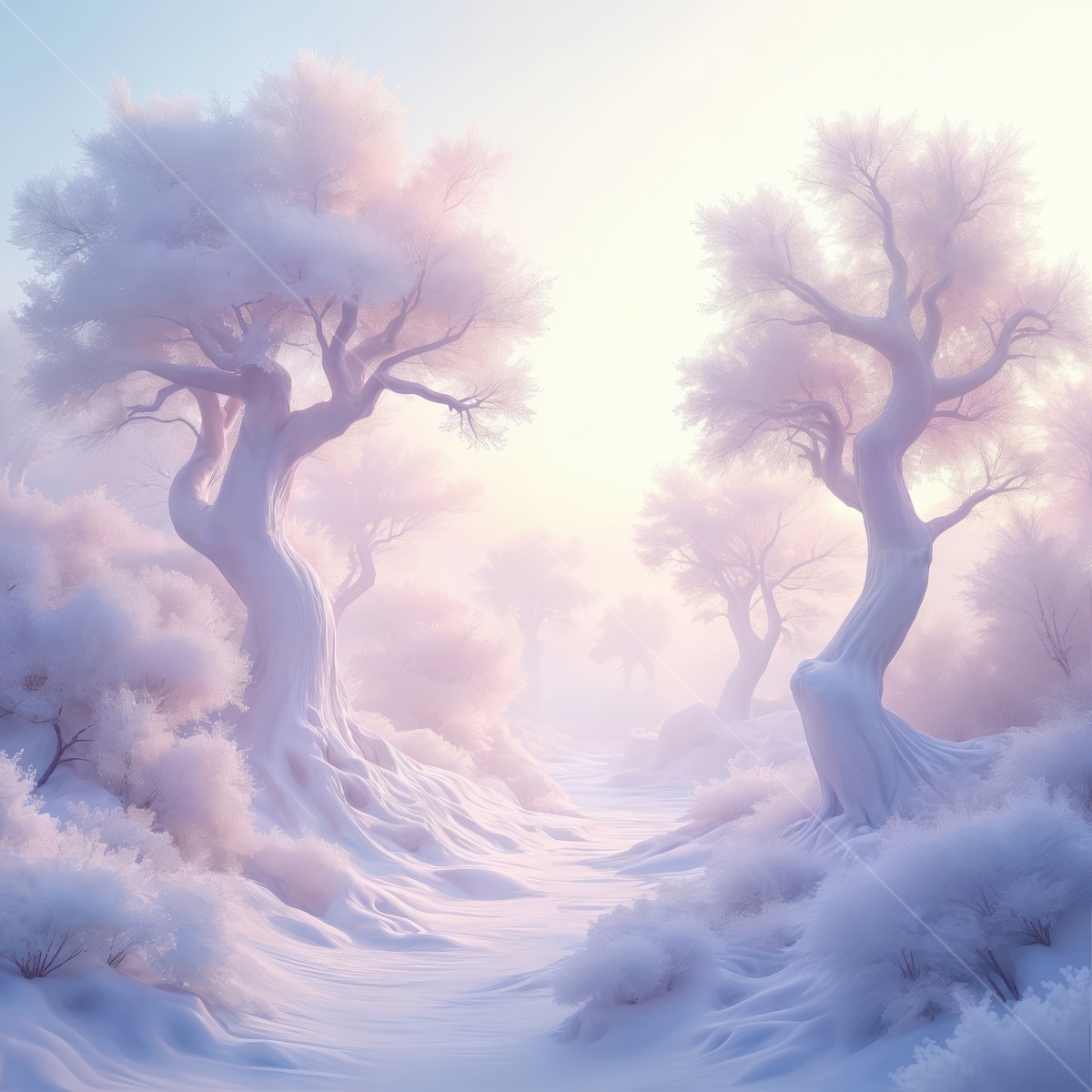 Liminal winter trail shimmers as frost-lit branches arch overhead, guiding travelers through whispering trees into a realm of hushed wonder and crystalline peace