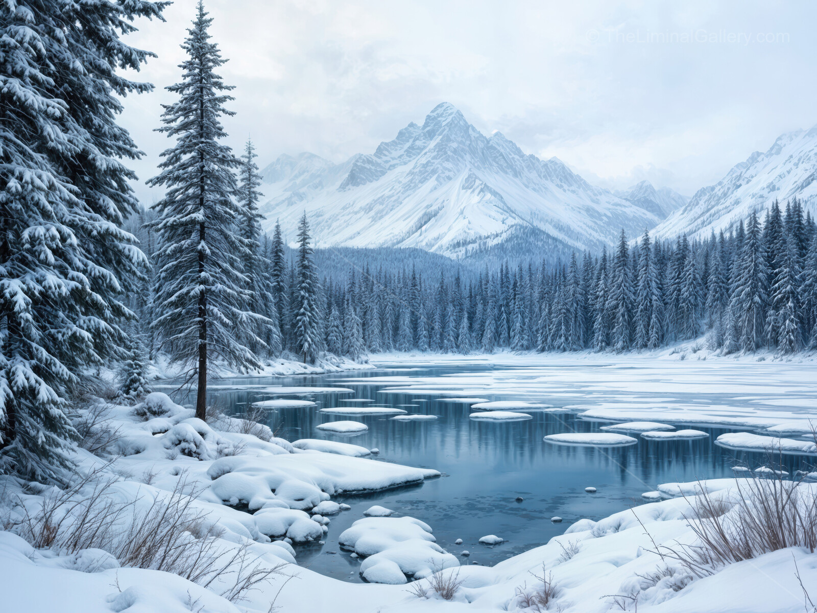 Winter tranquility envelops a frozen lake surrounded by snow-capped mountains and towering evergreens at dawn