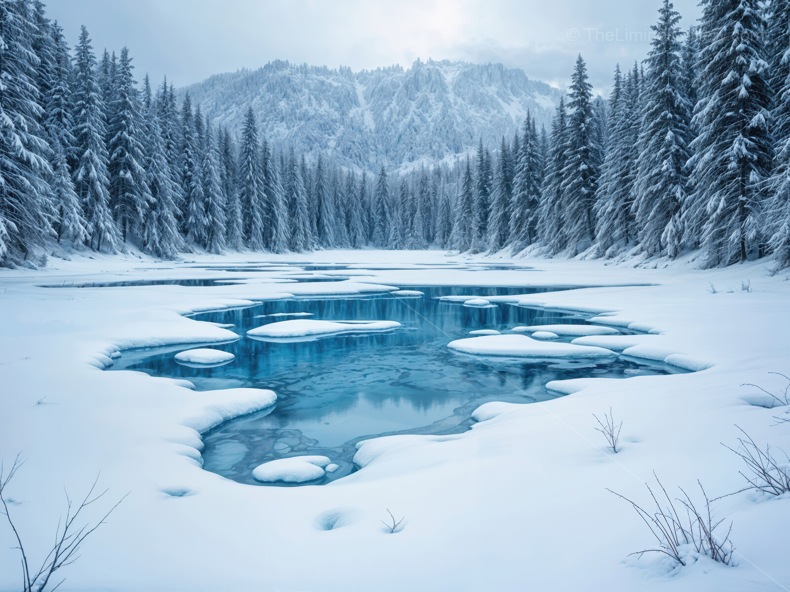Winter landscape reveals hidden beauty of a frozen lake surrounded by tall evergreen trees