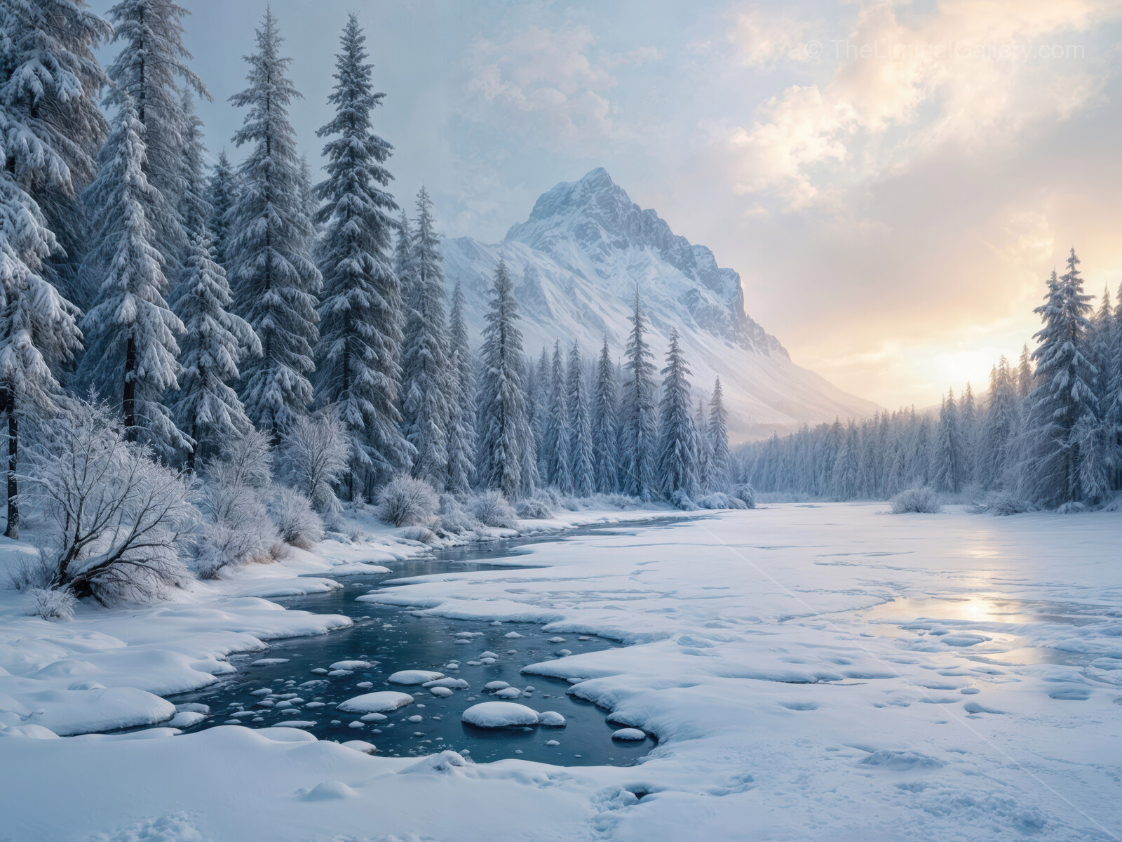 Mystical winter wonderland enveloping a serene frozen river at twilight