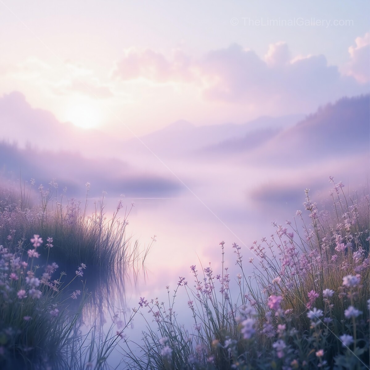 Gentle morning light caresses a tranquil river adorned with blooming flowers