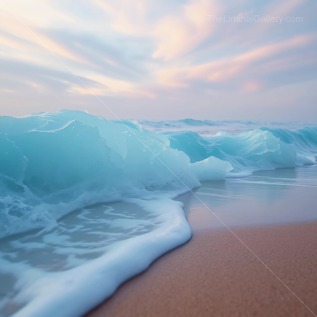 Gentle waves lap at the sandy liminal shore as twilight paints the sky in soft pastel hues
