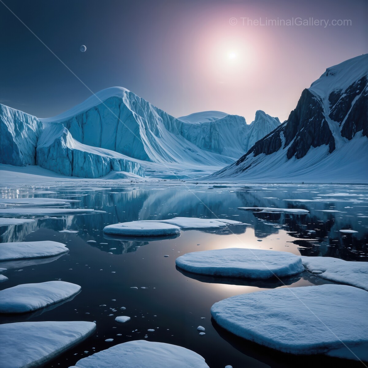 Glacial serenity at twilight as icy peaks reflect in tranquil waters under moonlit sky