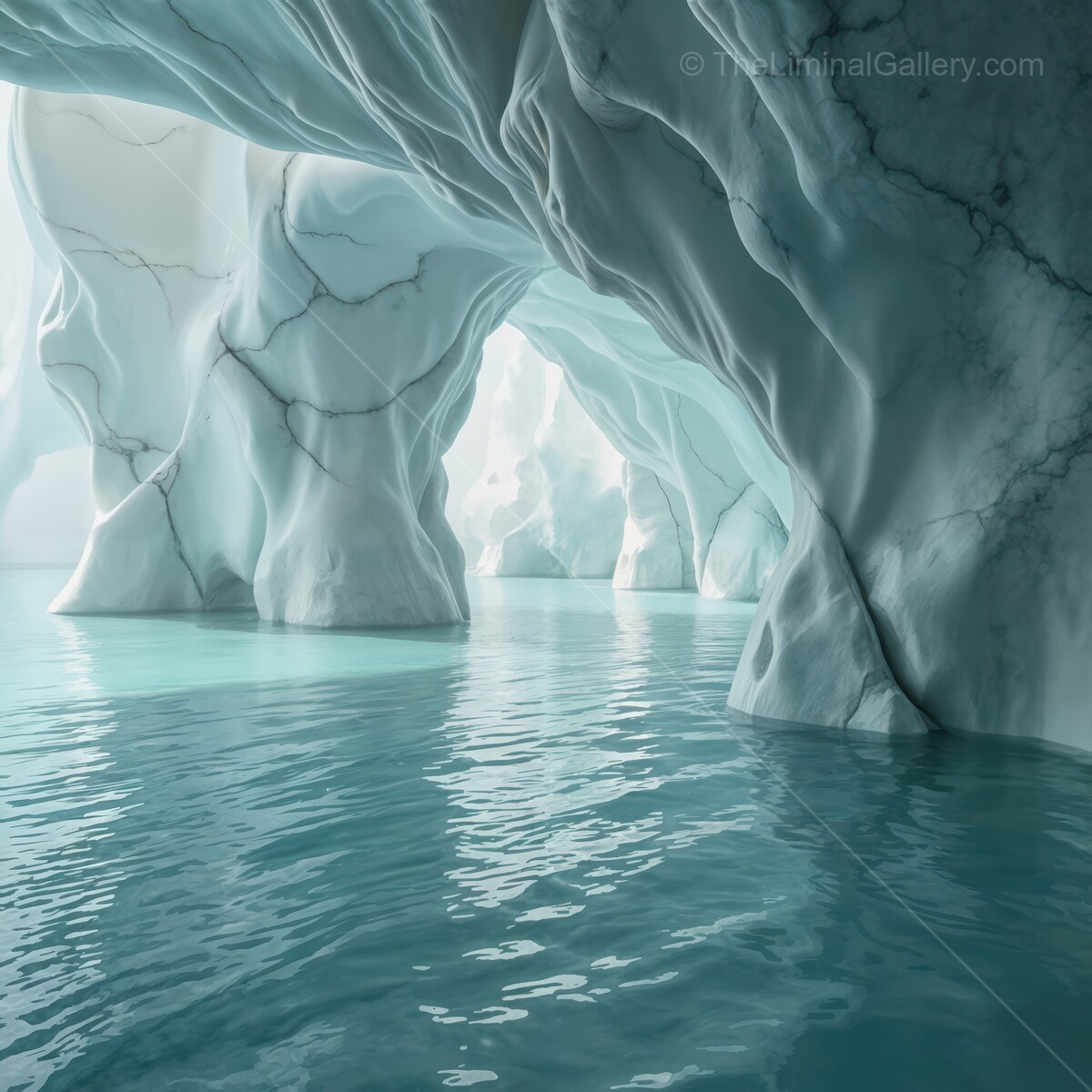 Glacial tranquility captivates within serene icy caverns at dawn in a remote polar landscape