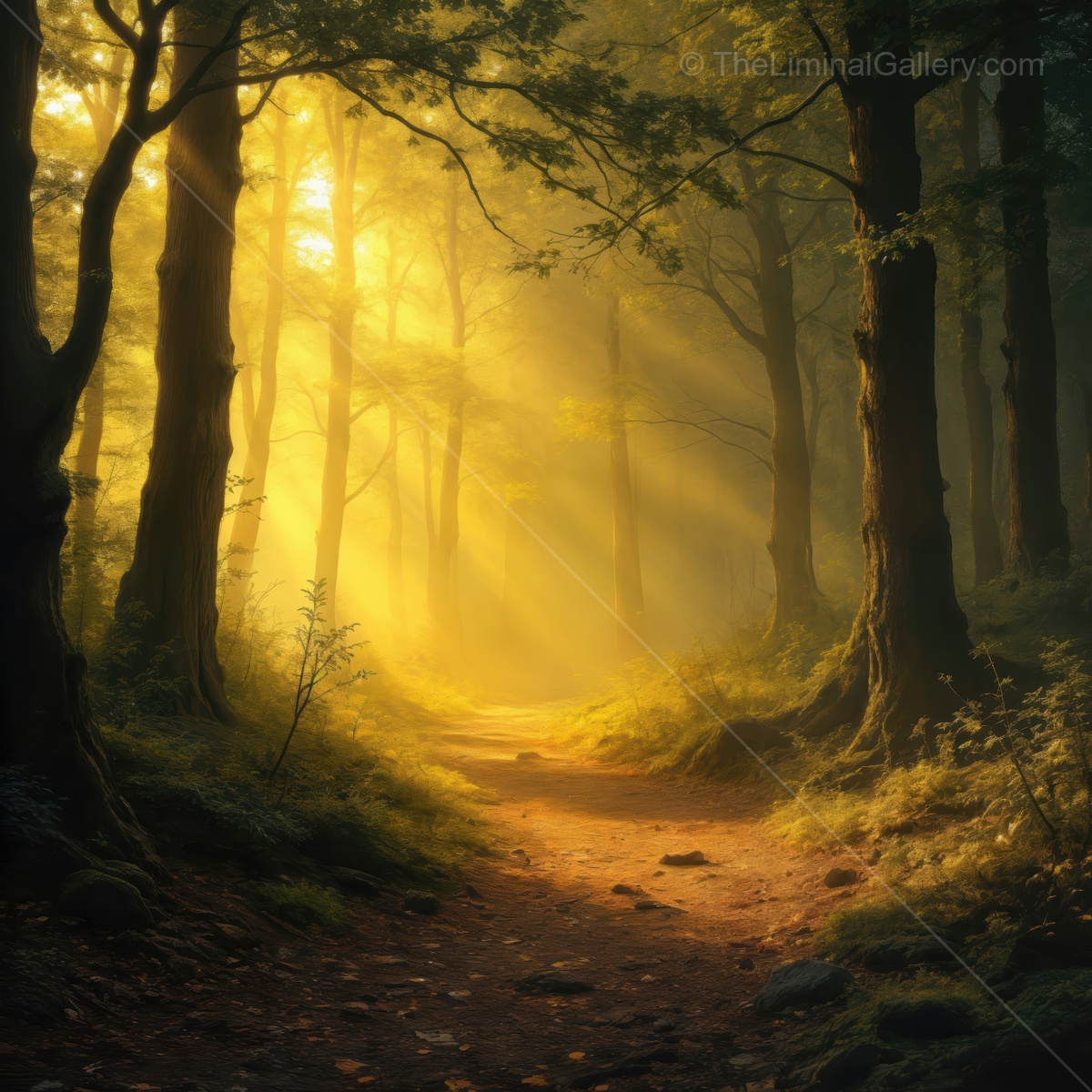 Warm golden light spills through a tranquil forest path at dawn, inviting exploration into nature's serene embrace