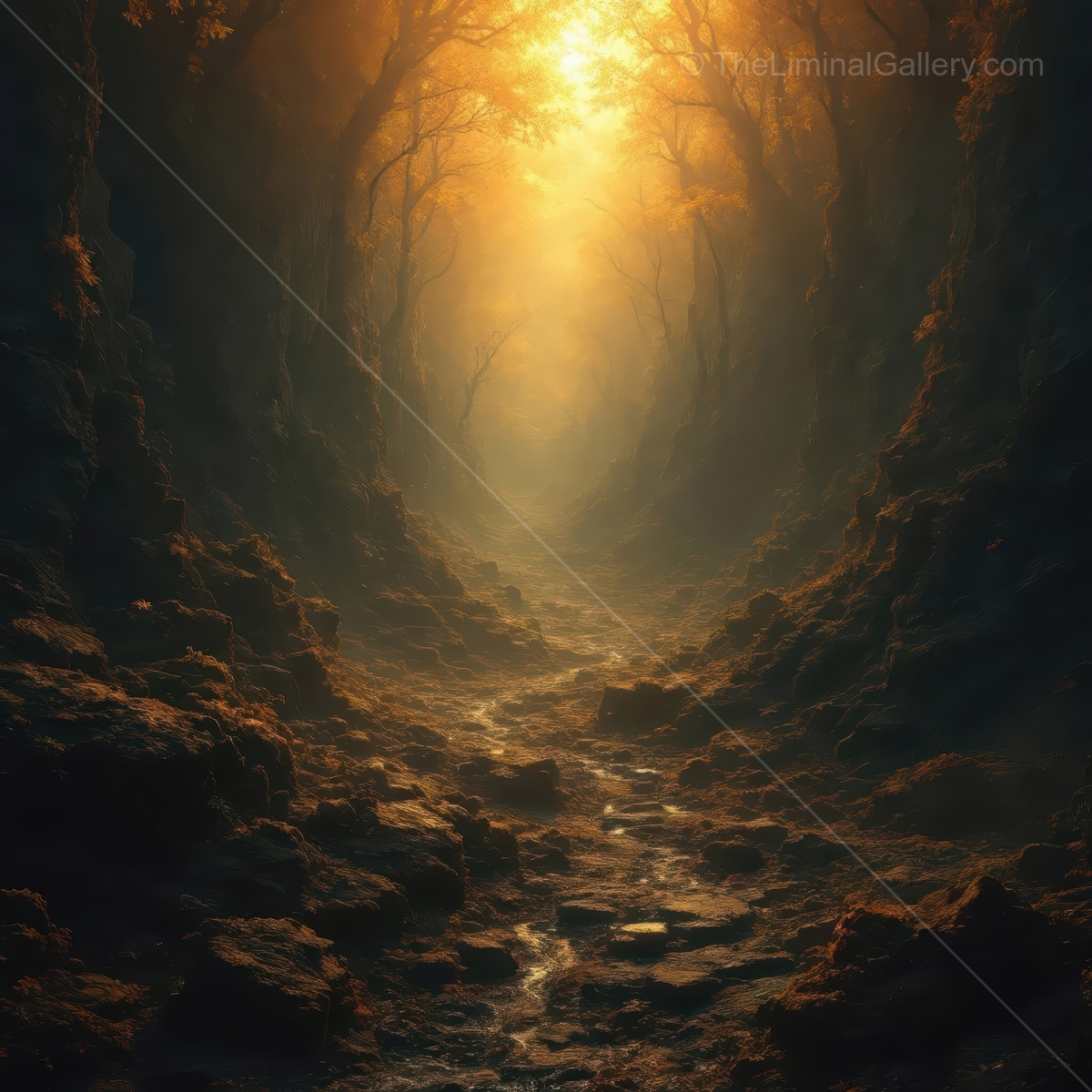 Enchanted forest path illuminated by golden light during twilight hours