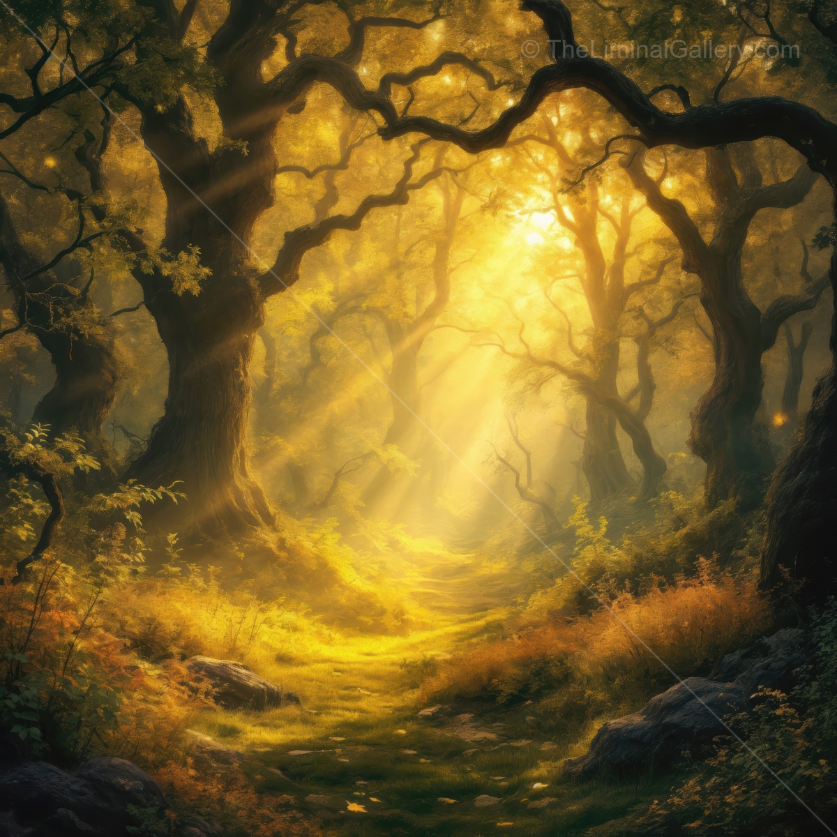 Golden rays illuminate a mysterious forest path, inviting exploration through nature's serene beauty at twilight