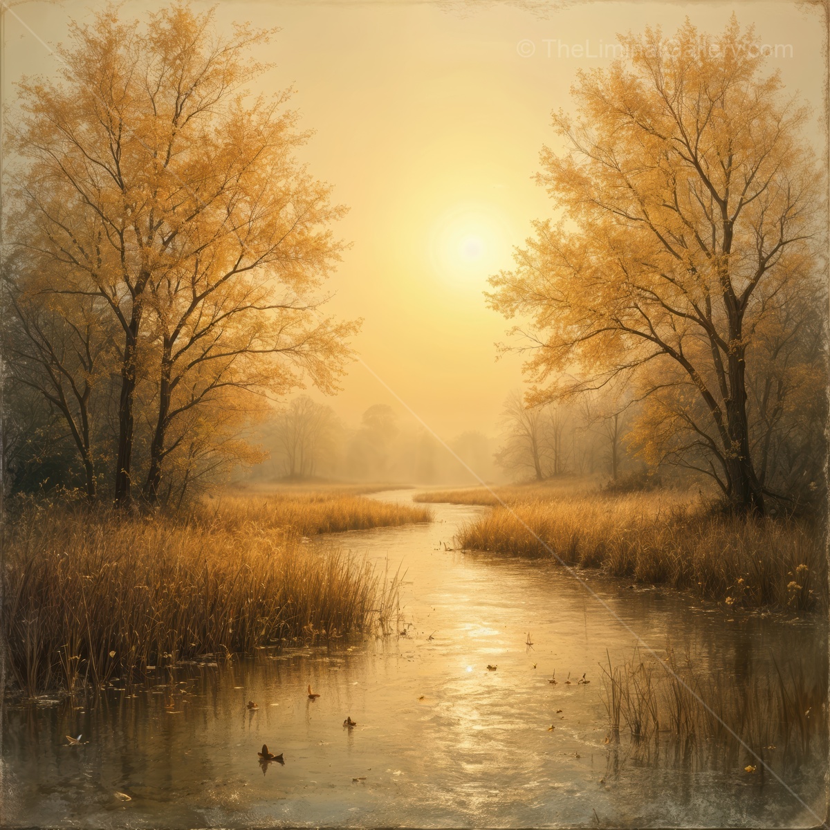 Golden mist envelops a serene riverbank at dawn amidst autumnal trees and tranquil waters