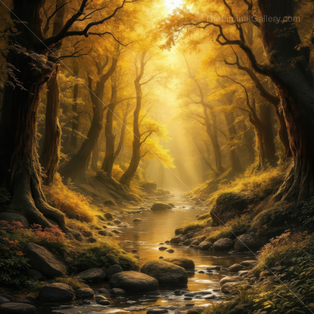 Golden light filters through ancient trees along a serene stream, creating a dreamlike nature atmosphere in a quiet forest setting