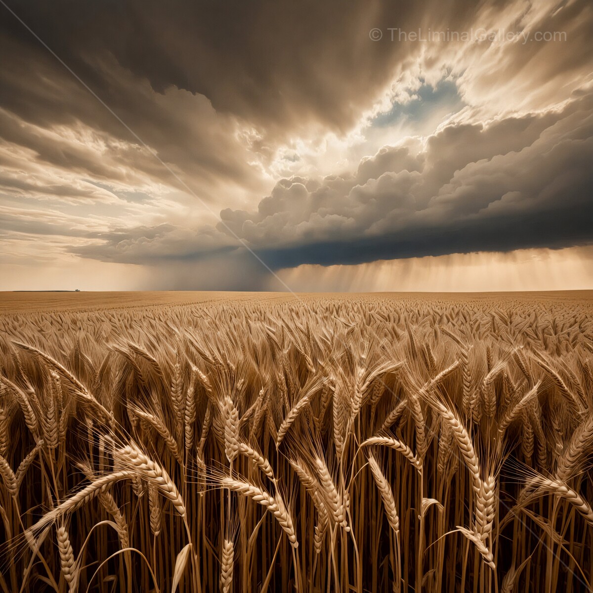 Golden liminal wheat sways in the breeze under an ominous sky before the approaching storm