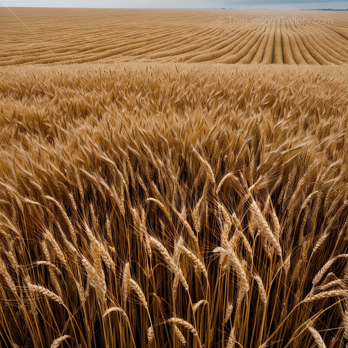 Liminal golden waves of wheat sway under a vast sky in a tranquil rural landscape