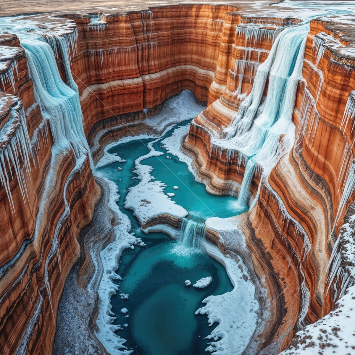 Majestic ice-covered waterfalls cascading into vibrant turquoise pools in winter's embrace