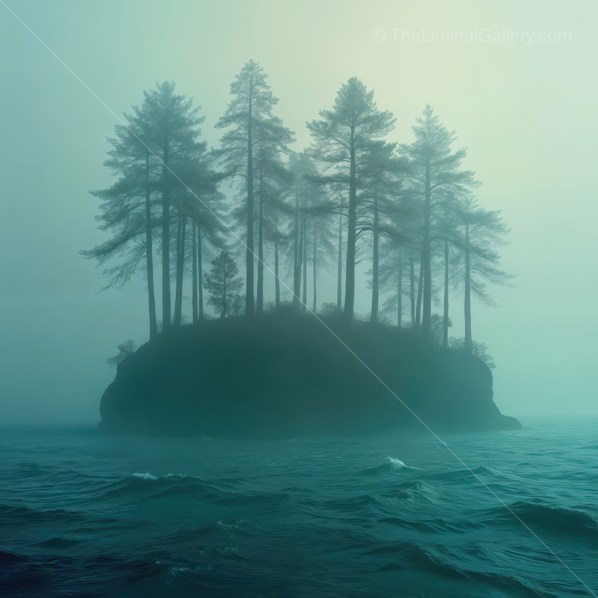 Mysterious island shrouded in fog with tall trees standing amidst tranquil waters