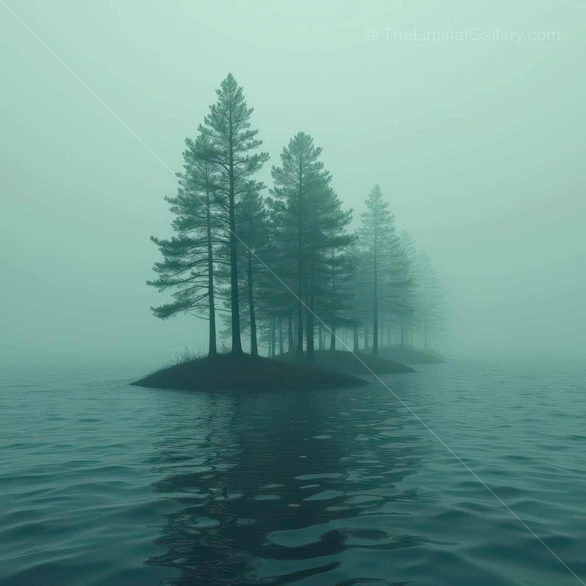 Mysterious fog envelops isolated trees on a silent lake during early morning hours