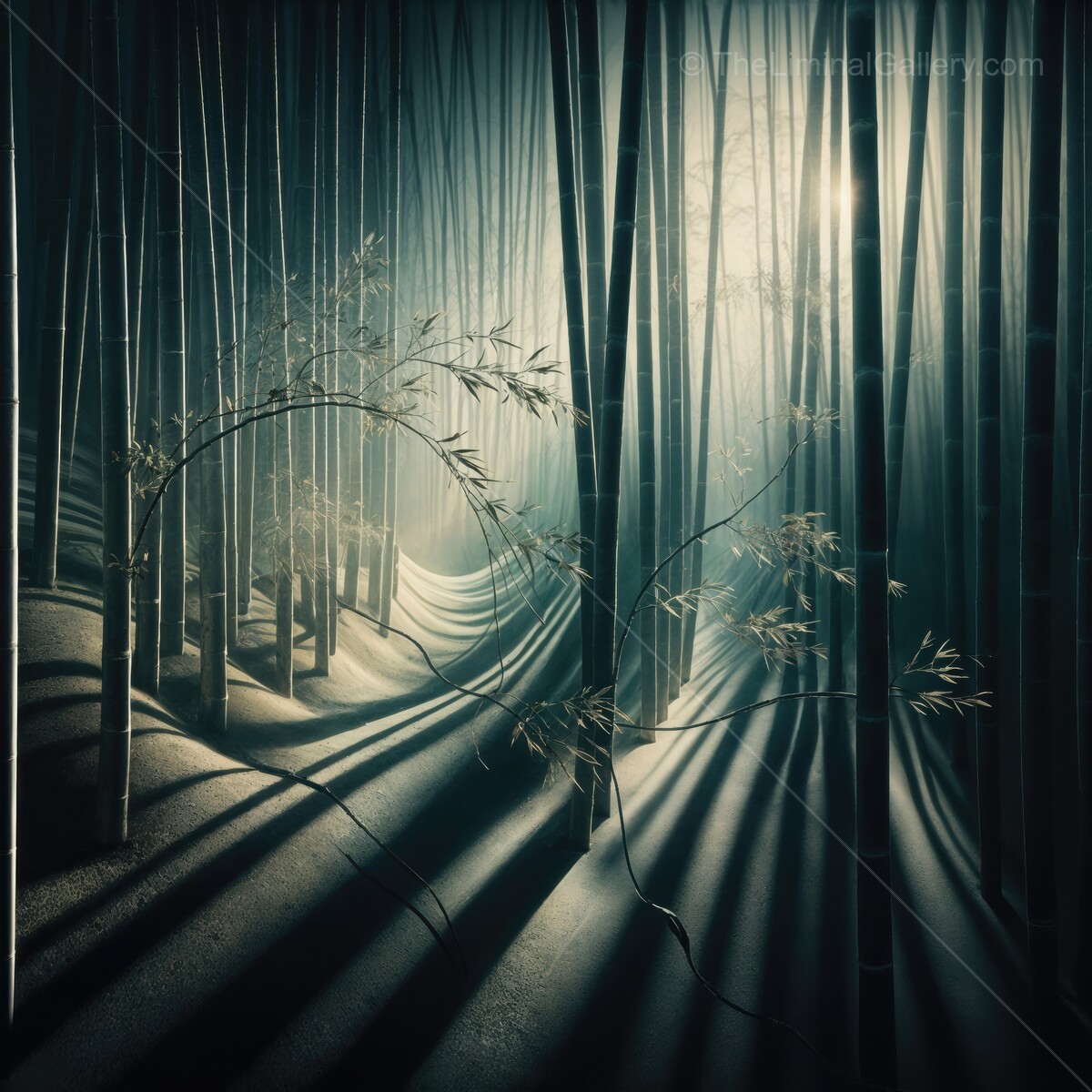 Light dances through a serene bamboo grove, casting enchanting shadows at dawn