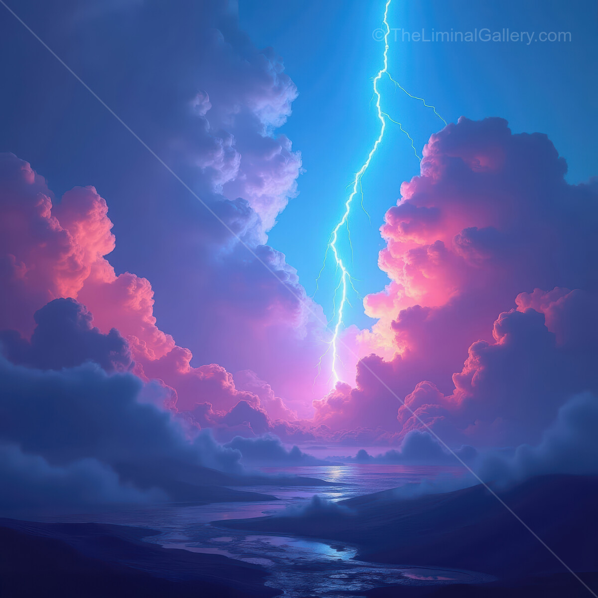 Captivating lightning illuminates a vibrant sky at dusk over tranquil waters