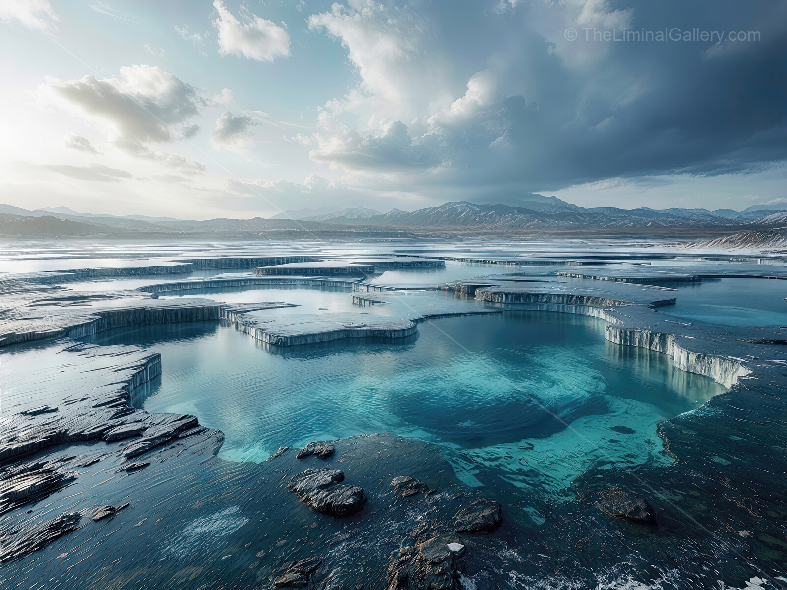 Natural beauty unfolds in liminal waters beneath an expansive sky filled with clouds