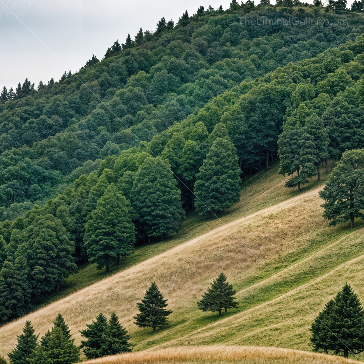 Liminal lush green hills rolling beneath a cloudy sky in a tranquil forest landscape