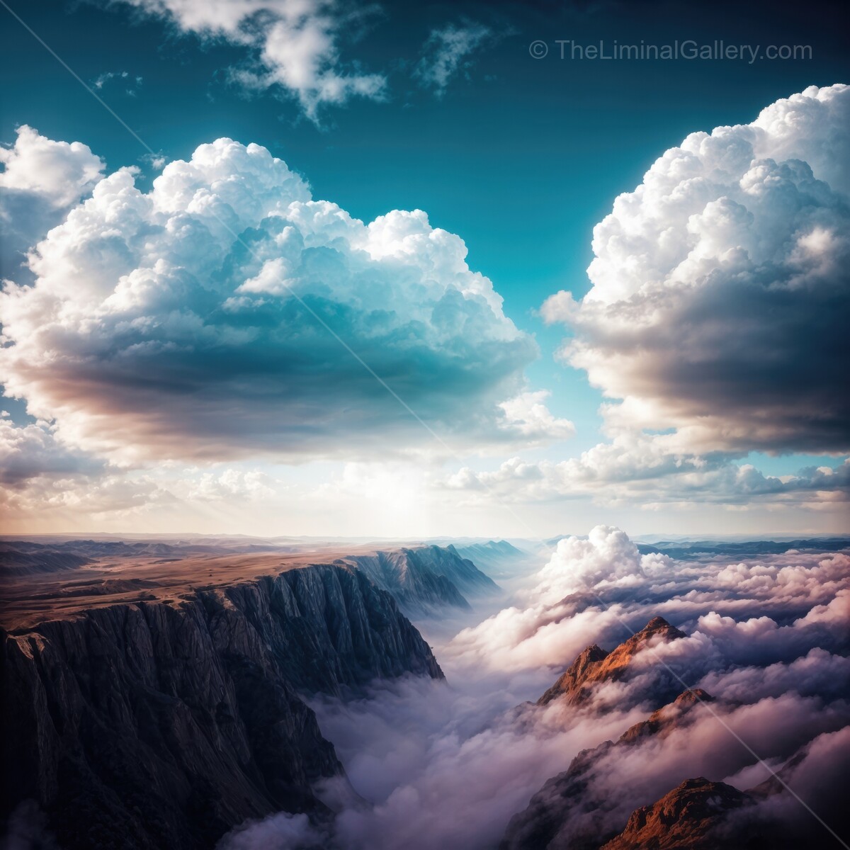 Majestic cliffs rise above a sea of clouds during a breathtaking sunset at the mountain range