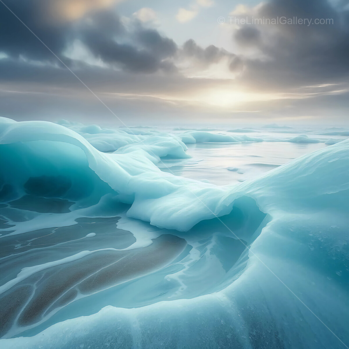 Majestic liminal icy waves crashing on a tranquil shoreline at sunrise