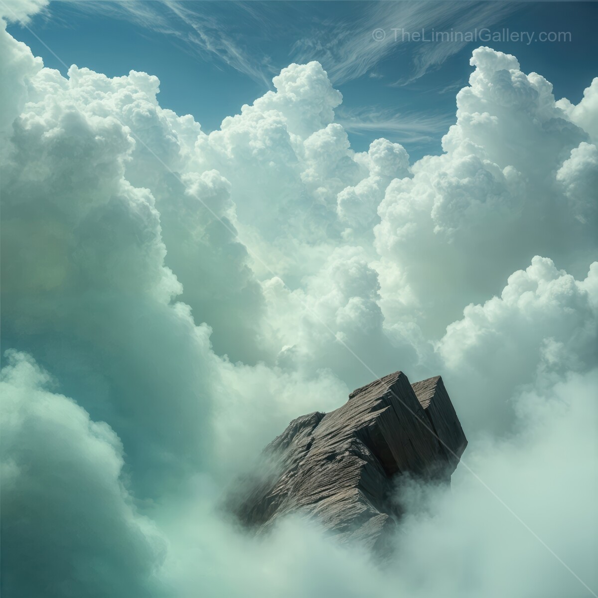 Majestic rock formation rising above the clouds at dawn, illuminating the sky with soft light reflections