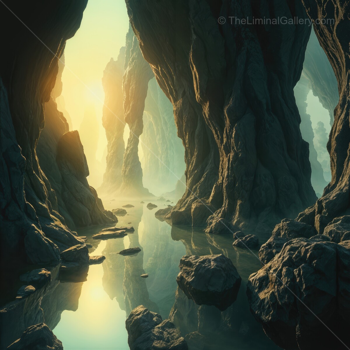 Majestic sunlight filters through towering rocks in a tranquil cave oasis