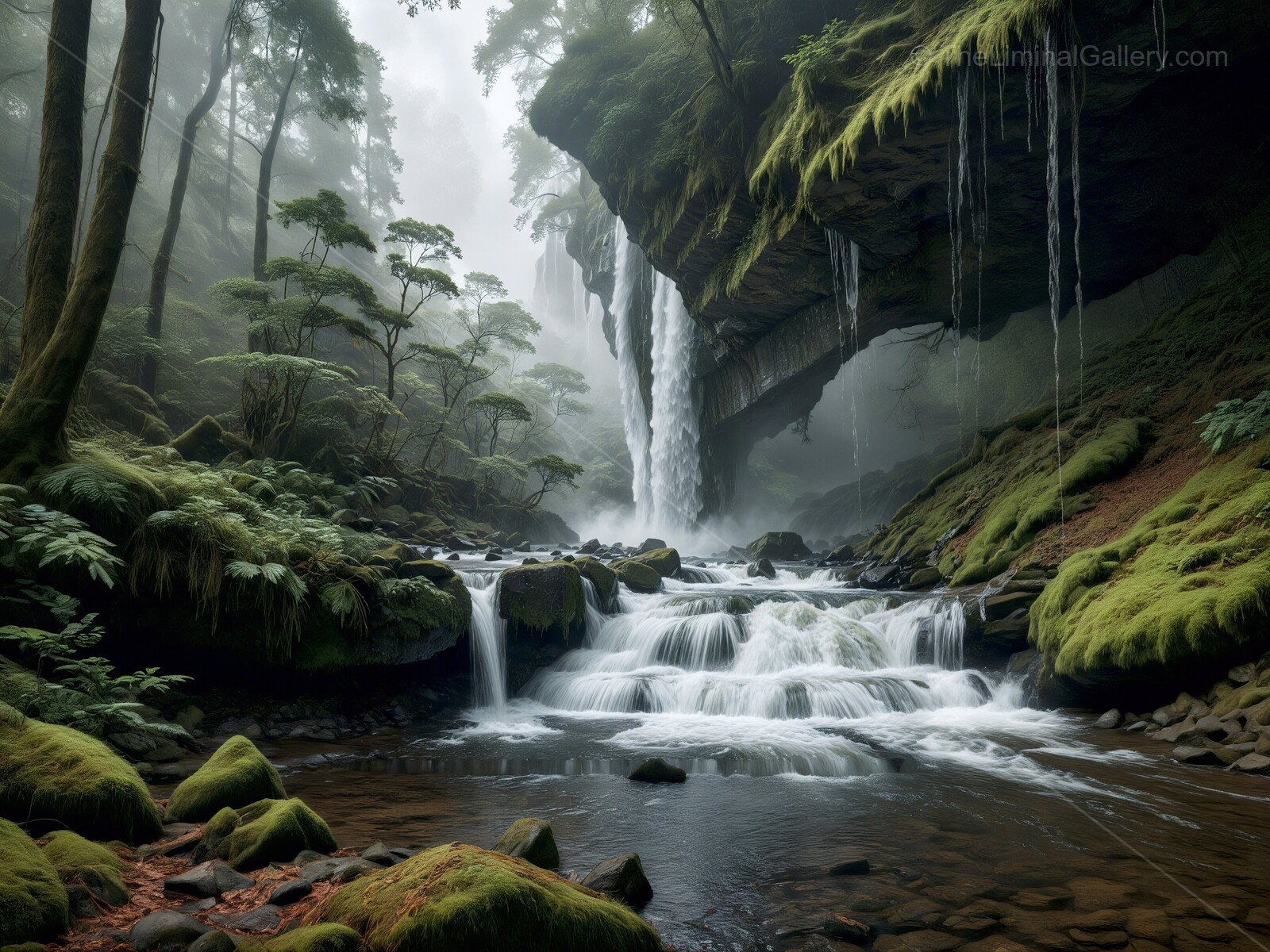 Majestic liminal waterfall cascading through lush greenery in a mystical landscape at dawn's first light