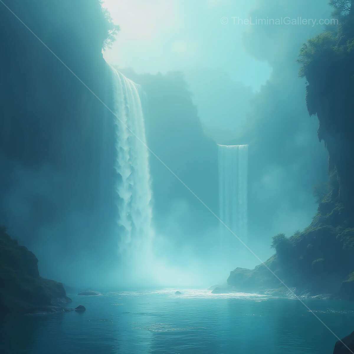 Majestic waterfalls cascade into a misty river under the soft glow of dawn