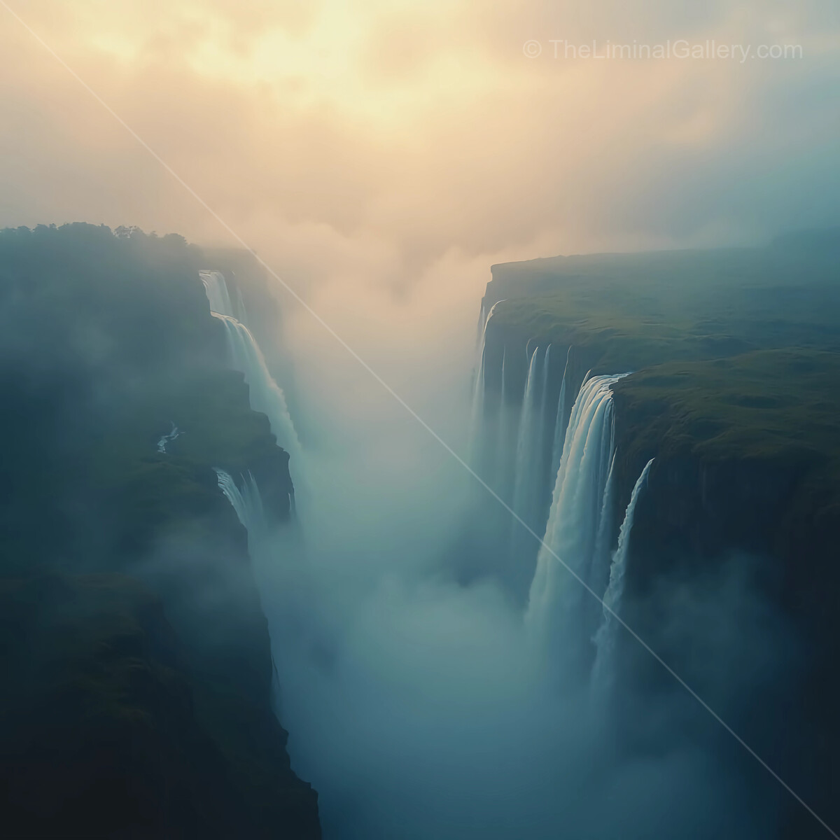 Majestic waterfalls cascade through misty cliffs at dawn, painting a serene landscape