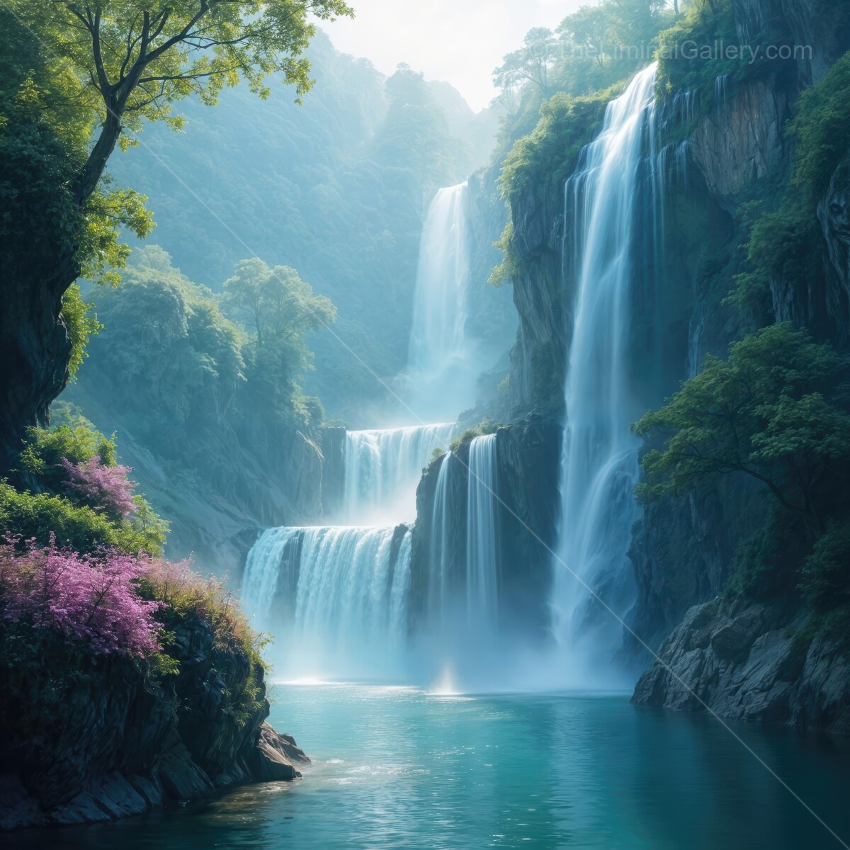 Majestic waterfalls cascade into serene turquoise pools under the morning mist in a tranquil natural landscape