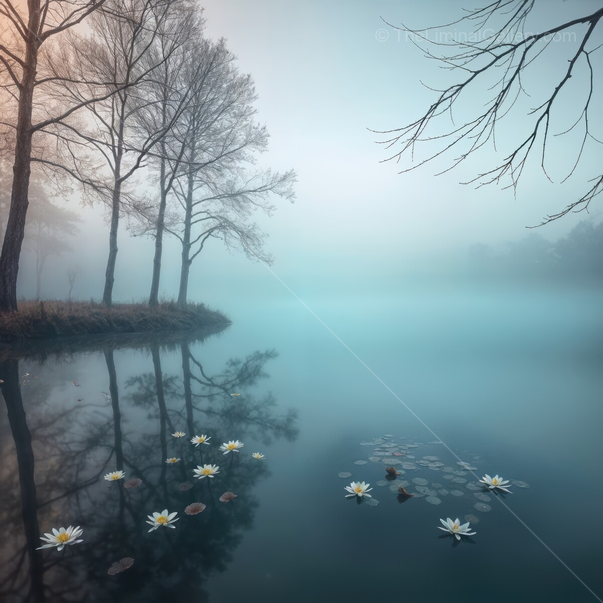 Mist envelops serene liminal lake adorned with blooming water lilies at dawn