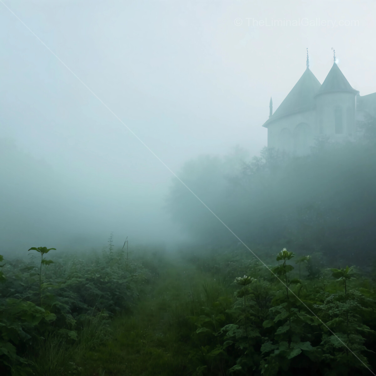 Misty morning envelops a historic castle amid lush greenery in an enchanting landscape