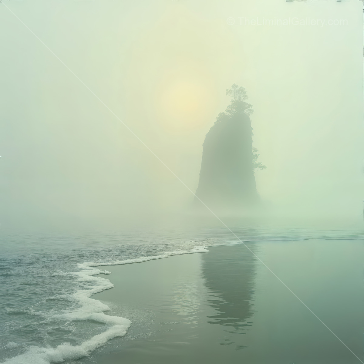 Mist-clad cliffs rise from glassy waters at dawn, first light revealing grand contours and reflecting a tranquil panorama of untouched coastal serenity